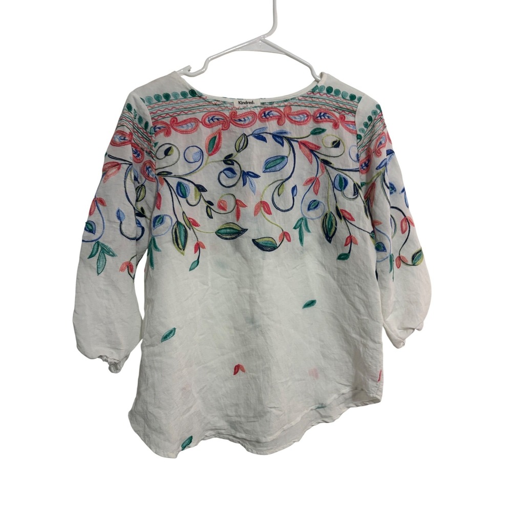 Kindred Blouse Boho Embroidered Floral White 3/4 Sleeve Top Small